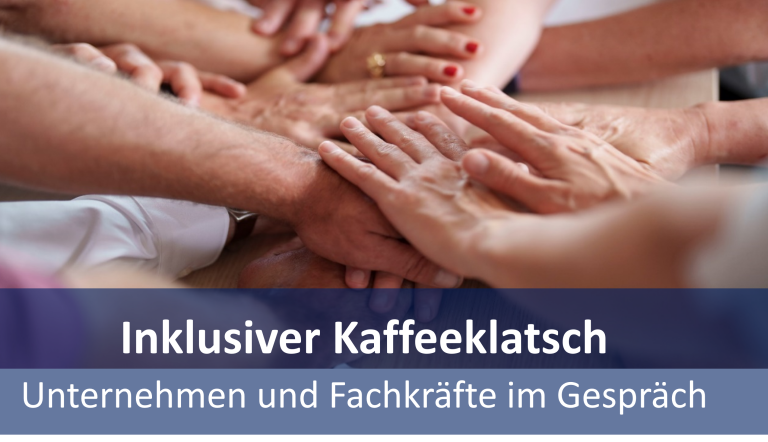 Beschnittene Aufnahme einer Gruppe von Menschen, die sich die Hände reichen sowie Titel der Veranstaltung