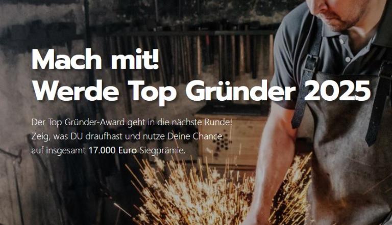 Handwerker im Hintergrund mit Aufruf zur Teilnahme am Wettbewerb