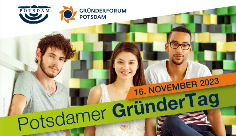 Drei lachende Personen sowie Veranstaltungsdatum und Titel